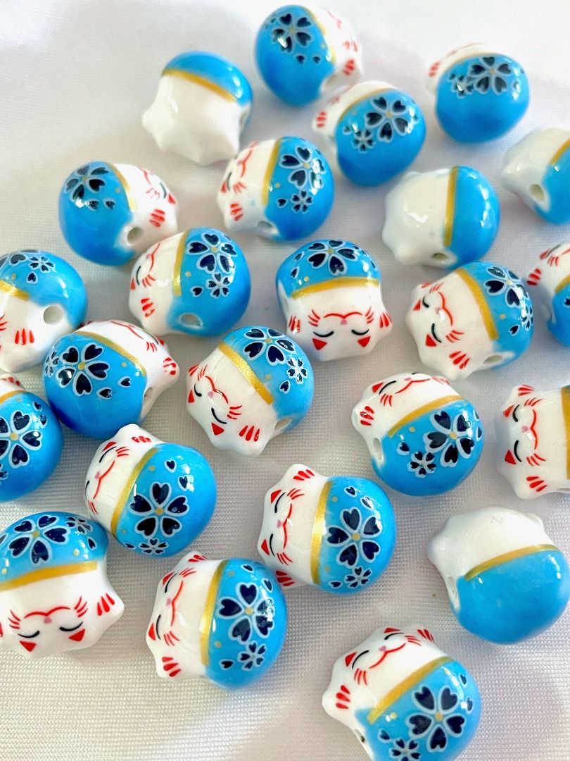 Bright Lake Blue Lucky Fortune Cat Maneki Neko Ceramic Bead