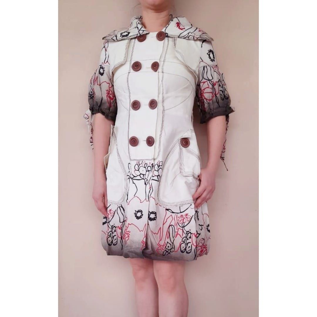 (CYD-2306) MOON Ivory Dress Lgn Krah Abstrack Black, Red Kancing  Besar Coklat