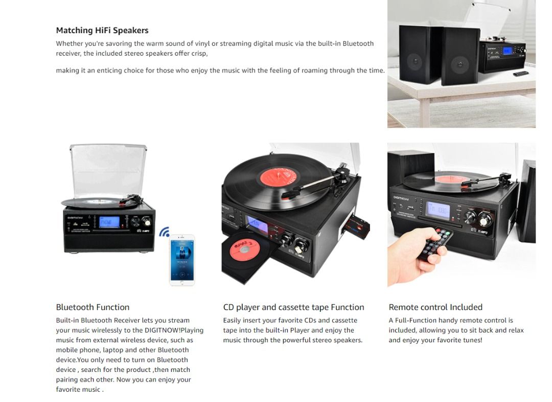 DIGITNOW Bluetooth Record Player with Stereo Speakers, Turntable for Vinyl  to MP3 with Cassette Play, AM/FM Radio, Remote Control, USB/SD Encoding