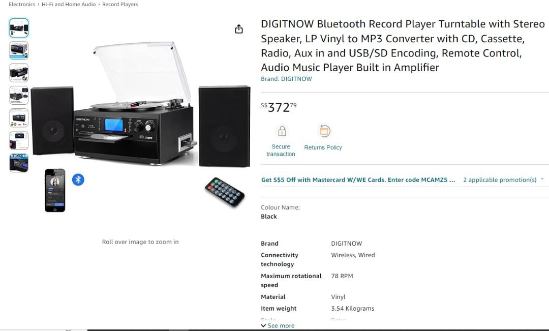 DIGITNOW Bluetooth Record Player Turntable with Stereo Speaker, Cassette,  Radio, Remote Control 