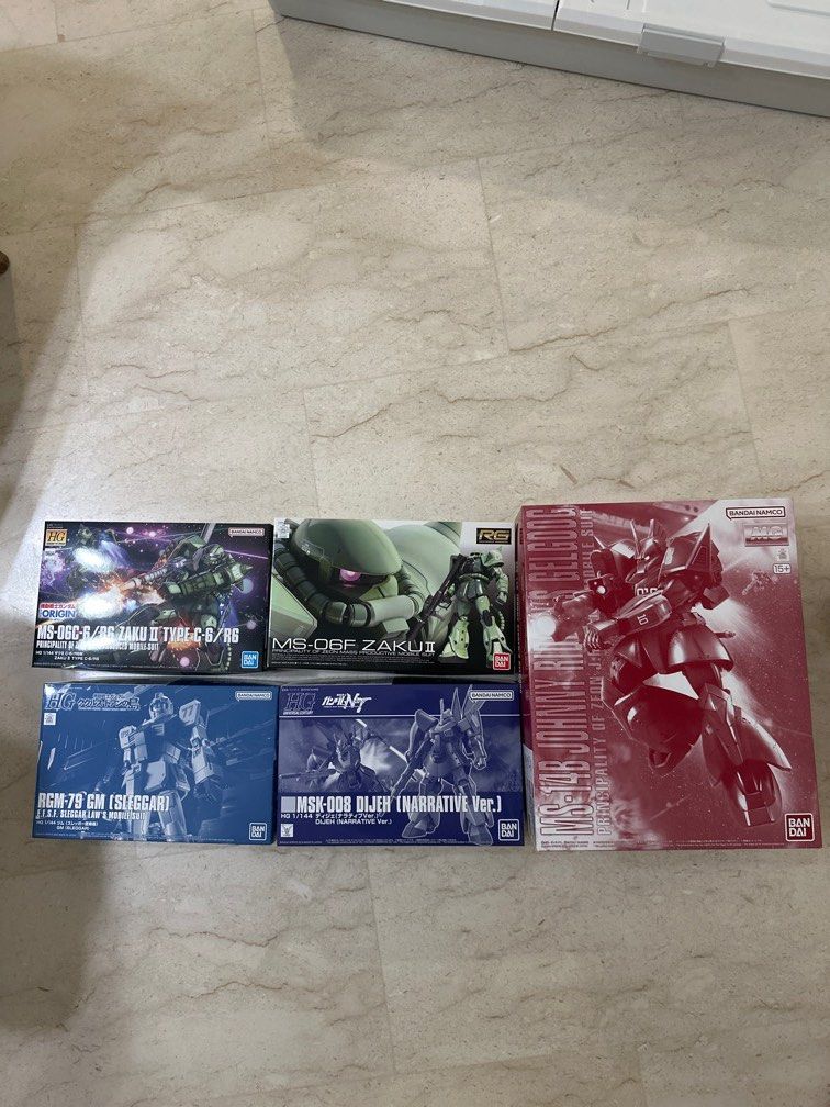 Gundam Bandai model kits premium zaku origin Rg Hguc Rgm-79Gm cucuruz doan’s island sleggar Dijeh MG Gelgoog Johnny Ridden (Category: Gundam Model Kits) located in Singapore. Submitted by cyrus.beh.1 (Listing ID 1273424278, Image 1). Description: Overdid it with the kits. Here are some of my extras HG RGM-79 Cucuruz Doan’s island Sleggar - 25 RG Zaku II - 40 .
