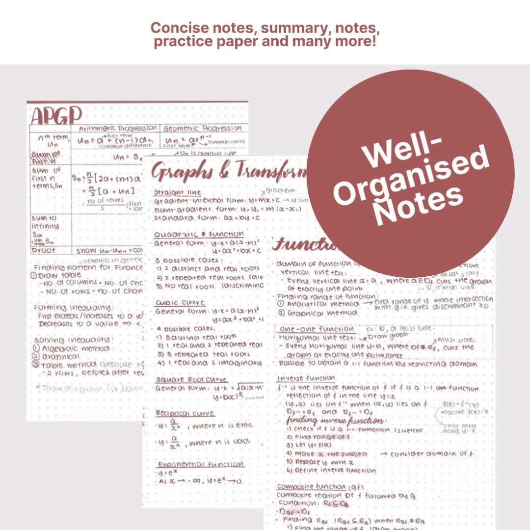 H2 Math Bundle (Category: Assessment Books) located in Singapore. Submitted by studentnotes (Listing ID 1273387007, Image 3). Description: H2 Math Bundle - Updated for 2024 Format: PDF/Word This comprehensive H2 Mathematics bundle is a valuable collection of notes, ranging from summaries to exam papers, making it an excellent resource for those aiming to establish a strong foundation in or seeking a refresher for H2 Math. Included in this bundle: