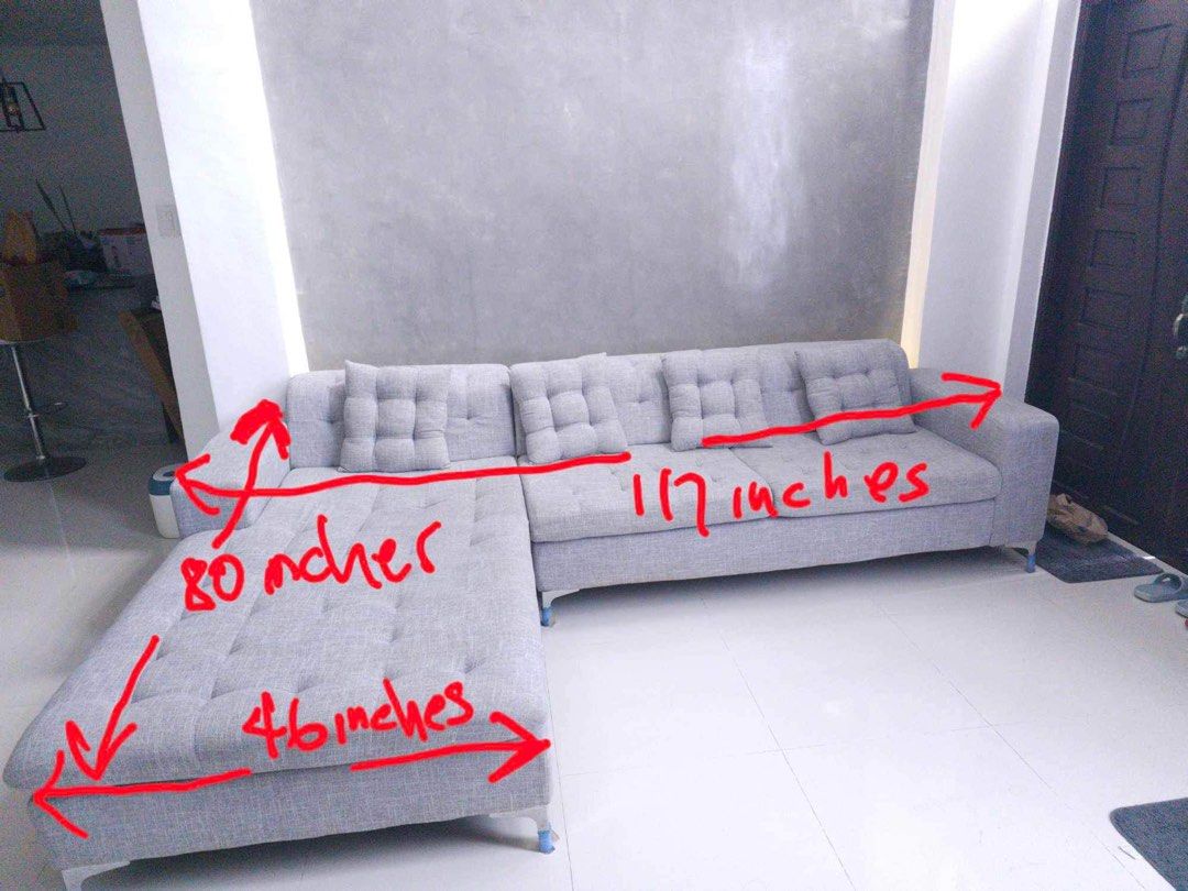 L-type Sofa (Category: Sofas) located in Quezon City. Submitted by jermaerefe (Listing ID 1273410857, Image 2). Description: Rush Bought for 31k last June 2023, less than a year lang nagamit. With signs of use pero mawawala naman if ma-deep clean. Sf will be shouldered by the buyer Location: Montalban Rizal .
