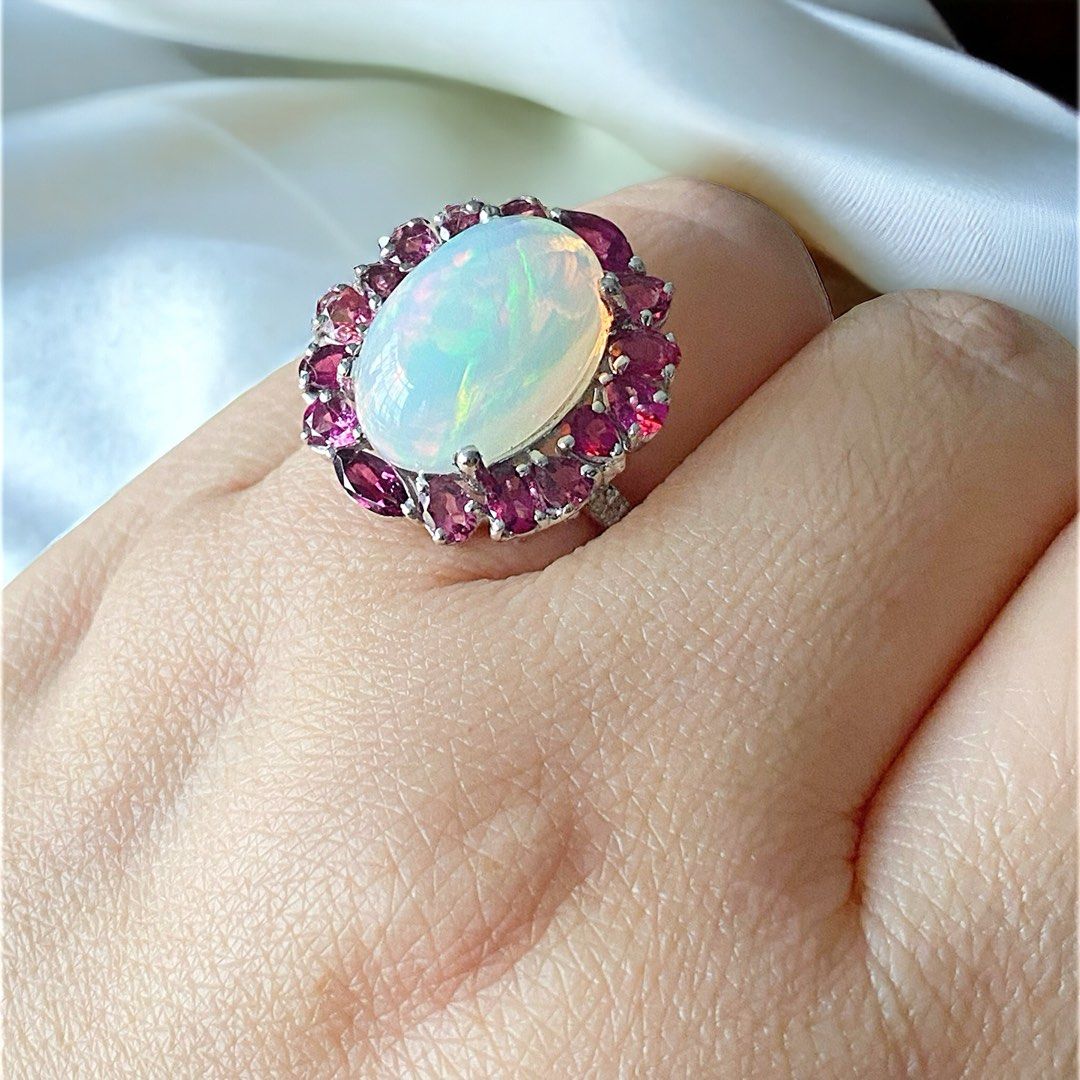 OPAL ring with Rhodolite garnet n real diamonds Women s Fashion
