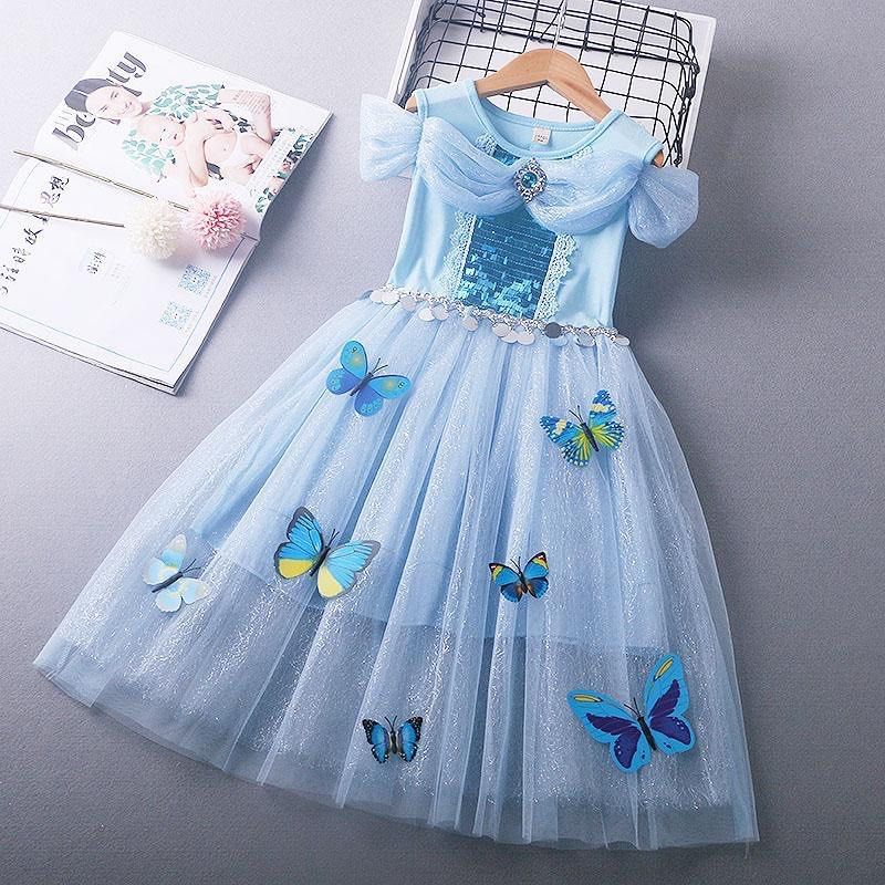 SG Seller Princess Dress Blue Girls Cinderella Mesh Butterflies