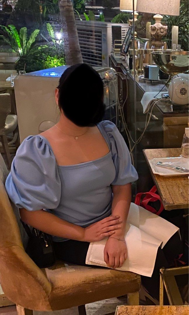 Puff sleeves top baby blue (Category: Blouses) located in Paranaque City. Submitted by petitecheri (Listing ID 1273641205, Image 2). Description: Used twice with slight stains on one sleeve Price - Slightly negotiable Fits M to semi L .