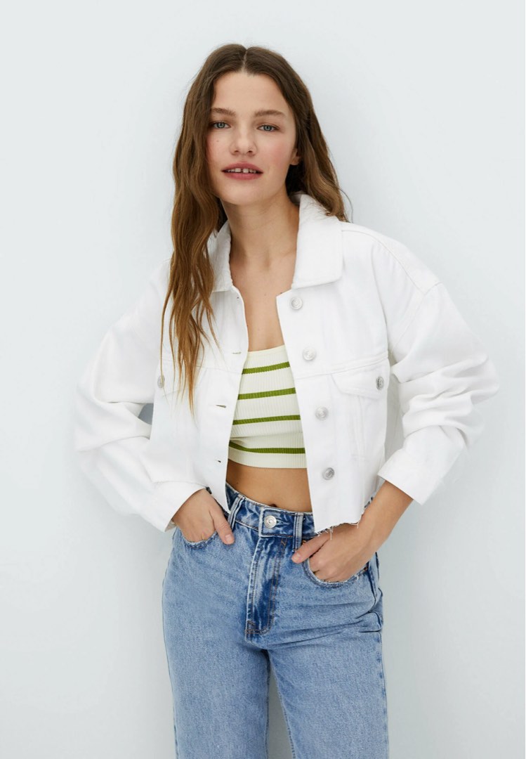 Stradivarius White Denim Jacket Women s Fashion Coats Jackets