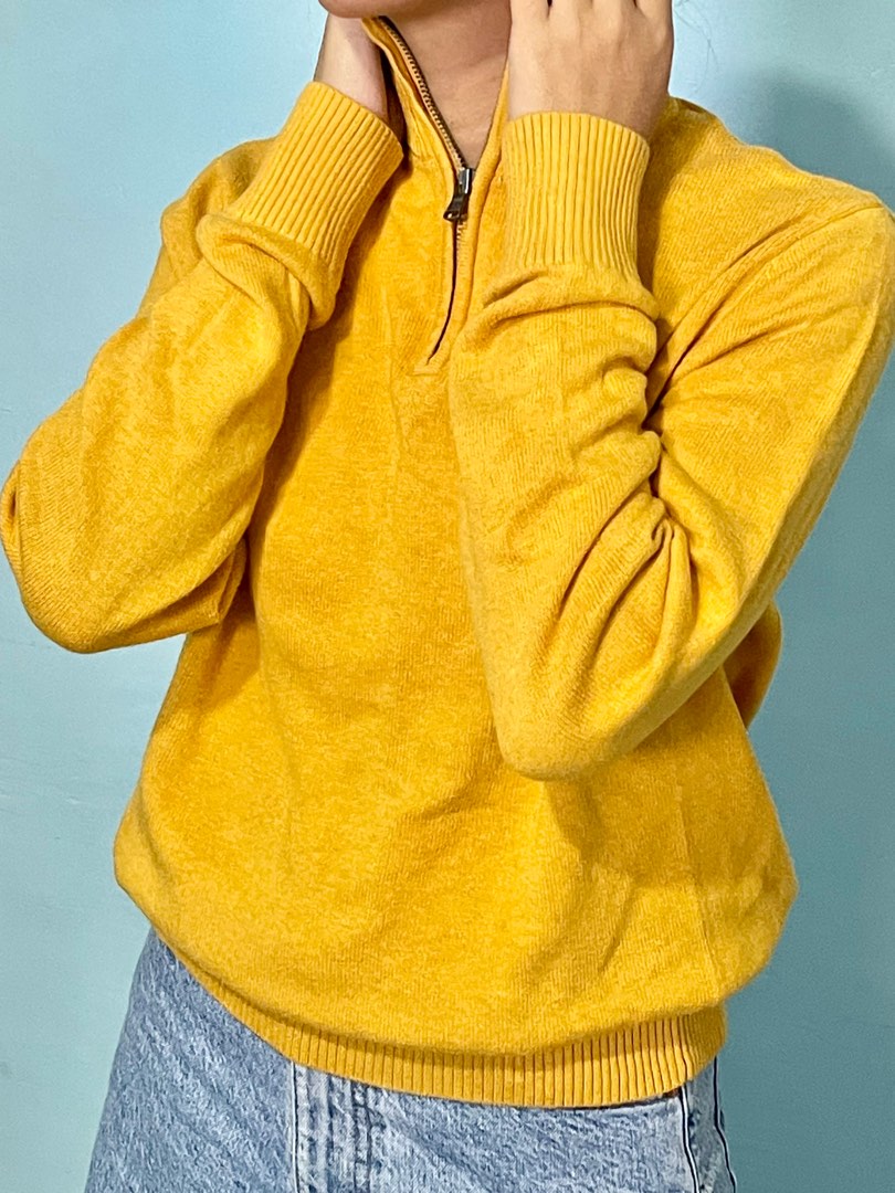 Tommy Hilfiger Yellow Quarter Zip Knit Sweater Women s Fashion