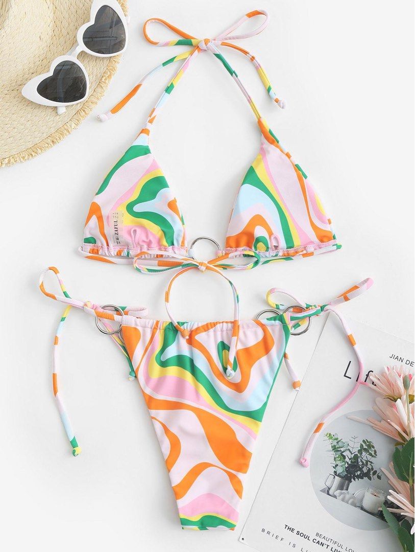 ZAFUL Tie Side Colorful Swirl Print O-ring String Bikini Swimwear ...