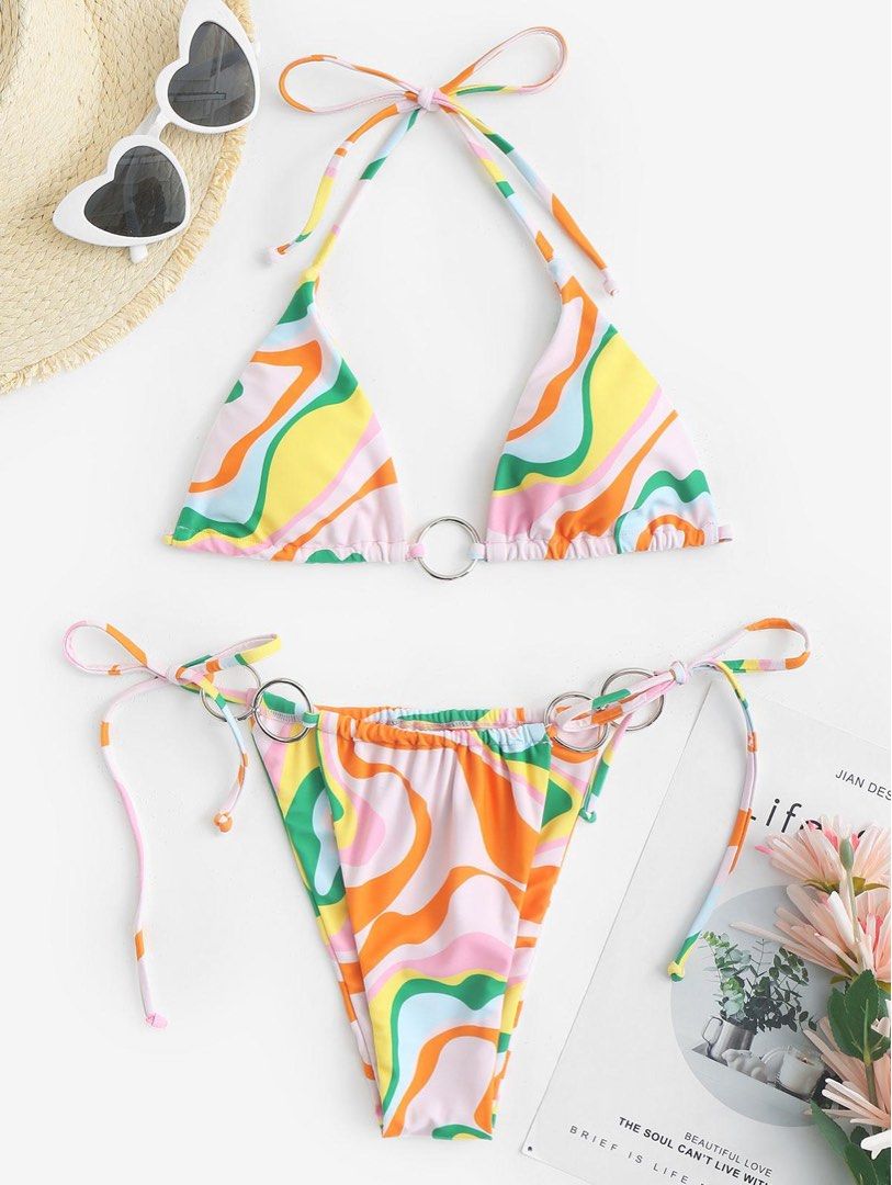 ZAFUL Tie Side Colorful Swirl Print O-ring String Bikini Swimwear ...