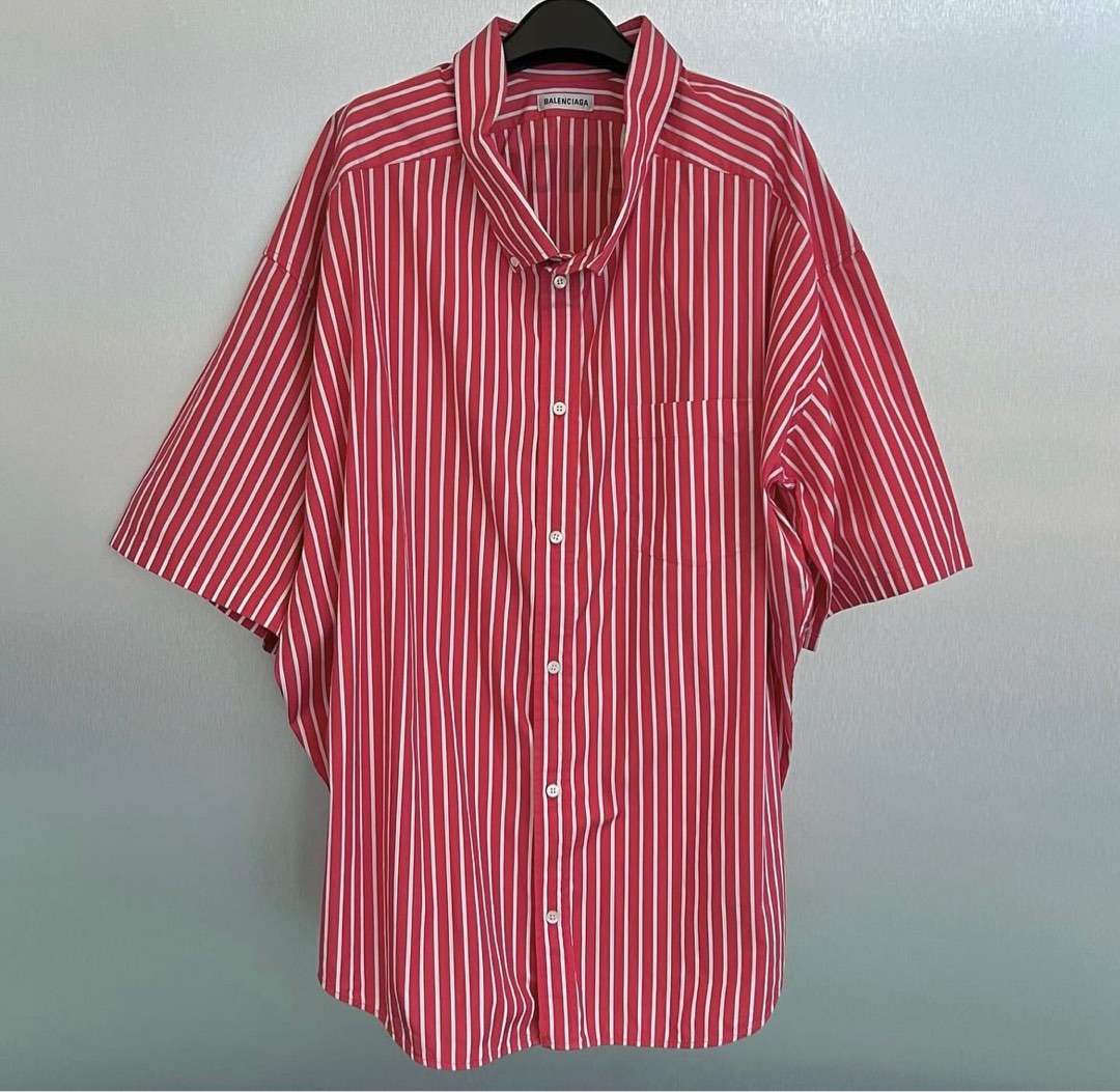 Balenciaga Stripe Shirt Red white, Men's Fashion, Tops & Sets