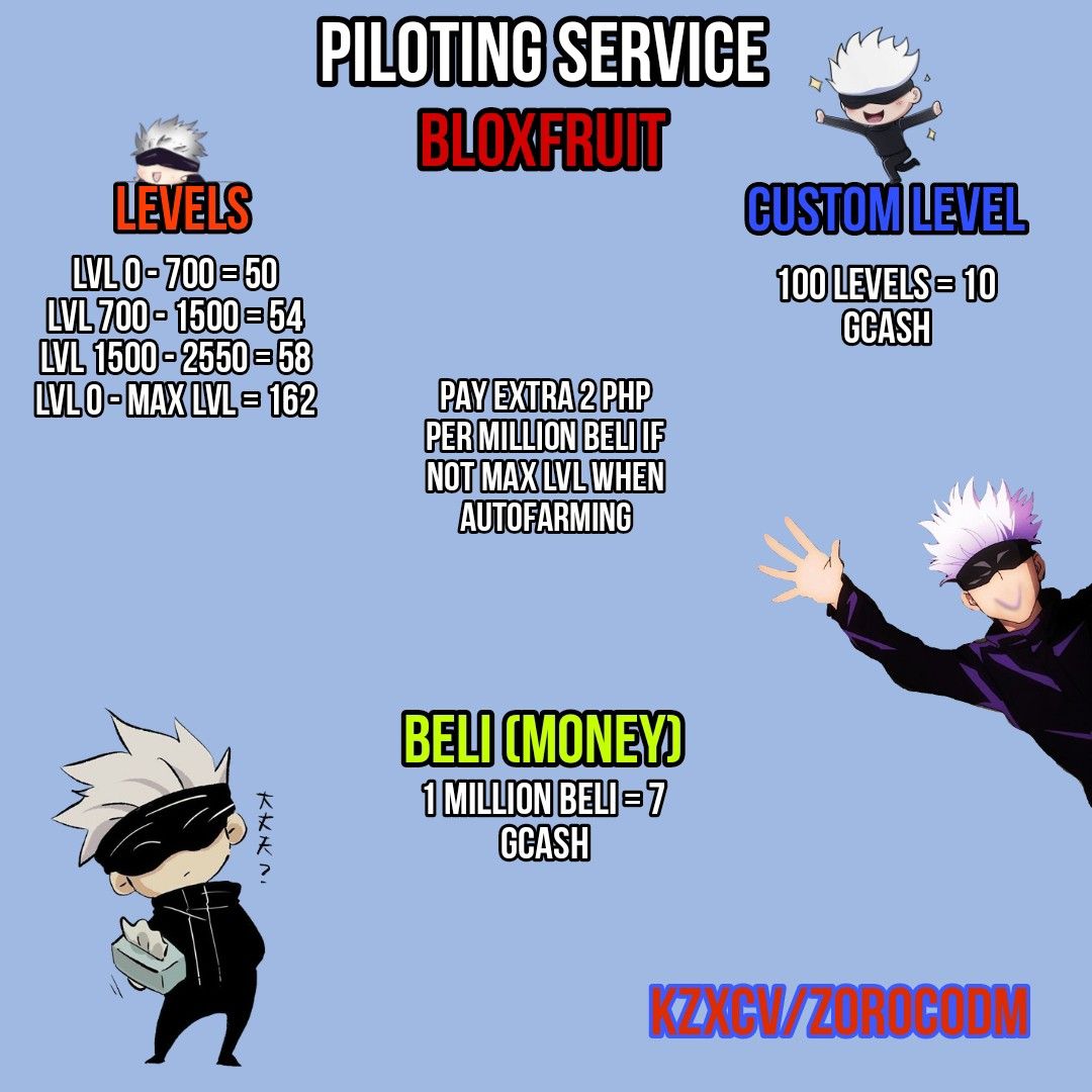 BLOX FRUIT Piloting Service (Close) (Category: In-Game Products) located in Davao. Submitted by halilio (Listing ID 1271507101, Image 1). Description: Kindly Read Before Messaging Info: For safety, your account must have a Verified Email and a Pin Code. No Extra Pay If I maxed out your melee/fruit/gun. Must tell me where I should put the stat points. The pay per 1million beli when autofarming can be negotiated, so don't be afraid negotiating. I a