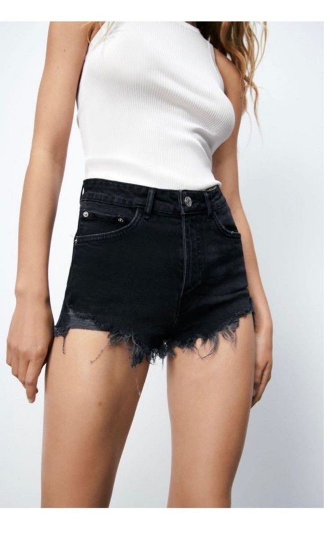 Zara Frayed Hi Rise Denim Shorts - Black