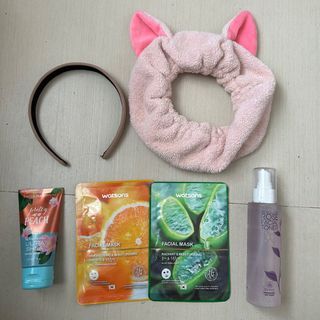 Bundle Authentic Bath & Body Works Pretty as a Peach Lotion, Watsons Face Masks, Moroccan Facial Rose Toner, Headbands