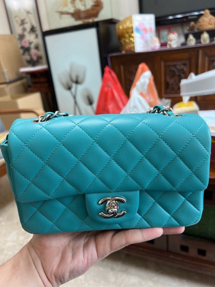 Chanel classic Mini Rectangle flap in 14S Tiffany Blue lamb skin