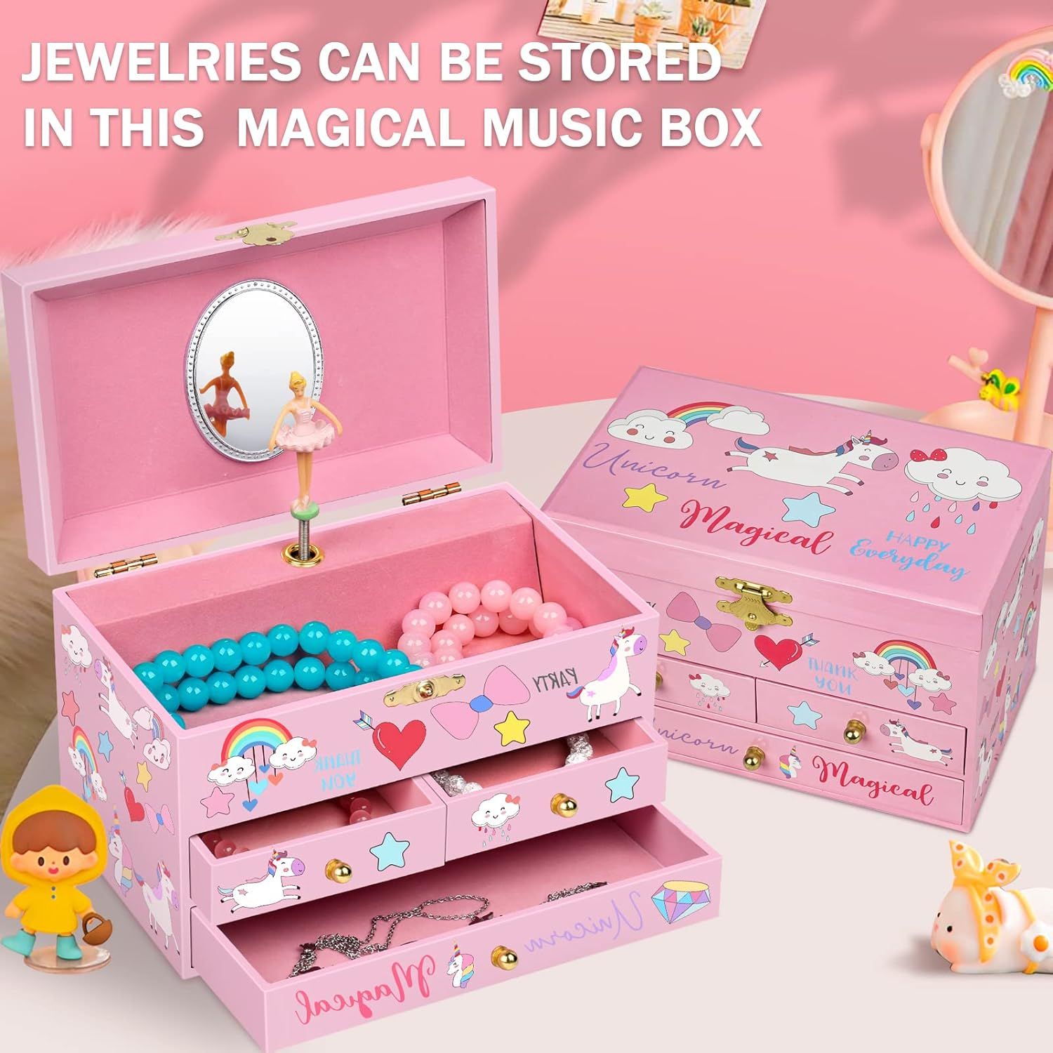 Musical Unicorn Jewelry Box for Girls - Glow in the Dark Kids Jewelry Box  Organi