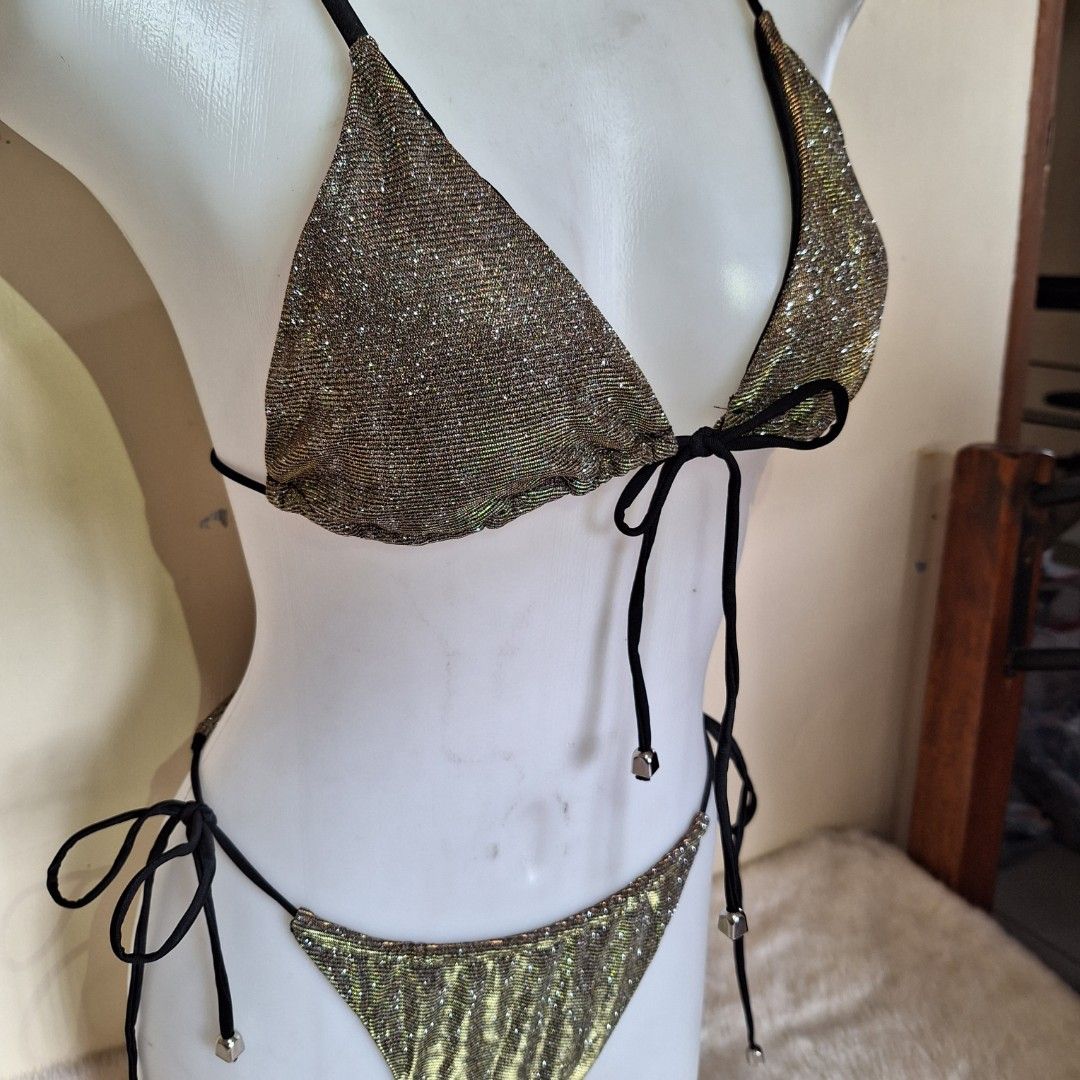 Sexy Gold Sequin Cross Over Cheeky Two Piece Swimsuit