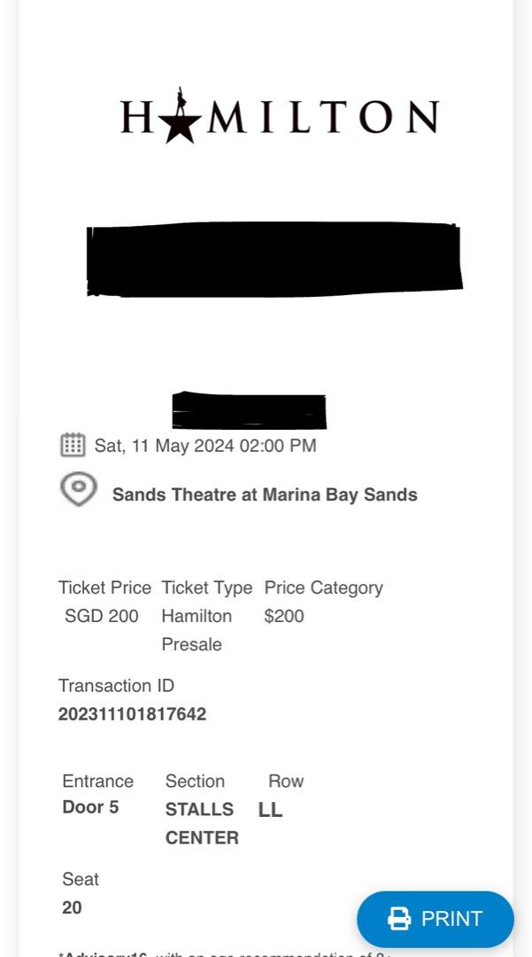 20 off 1 x Hamilton ticket Stalls Center 11 May 2023 2pm