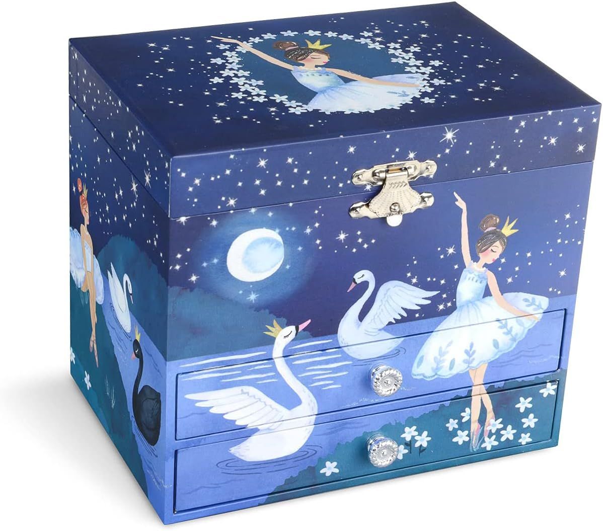 Jewelkeeper Girl's Musical Jewelry Storage Box with Spinning Ballerina, Rainbow and Gold Foil Design, Swan Lake Tune