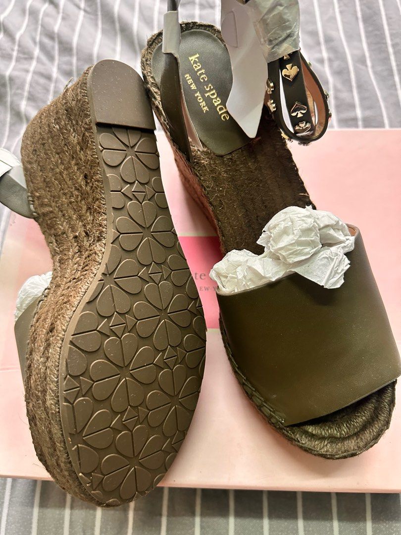 KATE SPADE FRENCHY ESPADRILLE WEDGE SANDAL GREEN LEATHER STUDDED