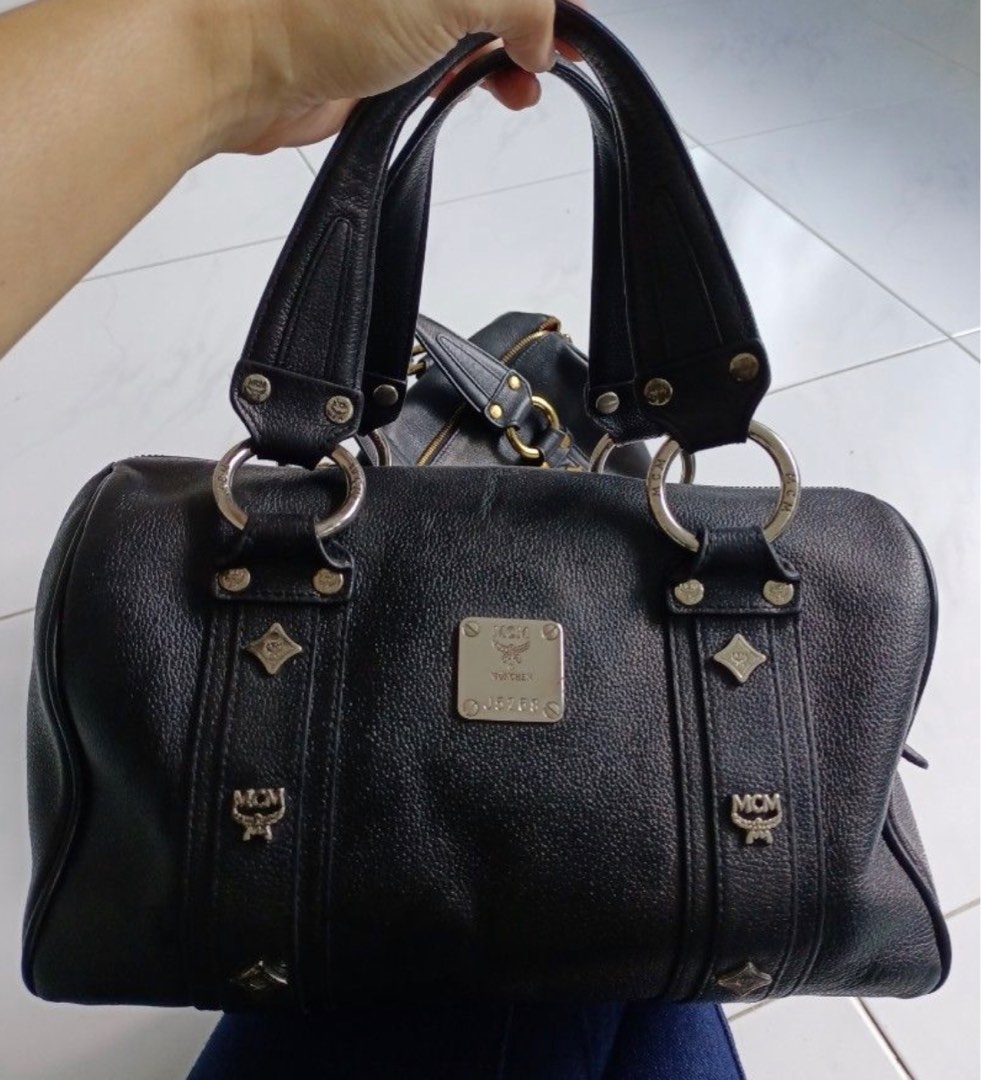 MCM Black Leather Vintage Studded Logo Motifs Boston Bag Luxury