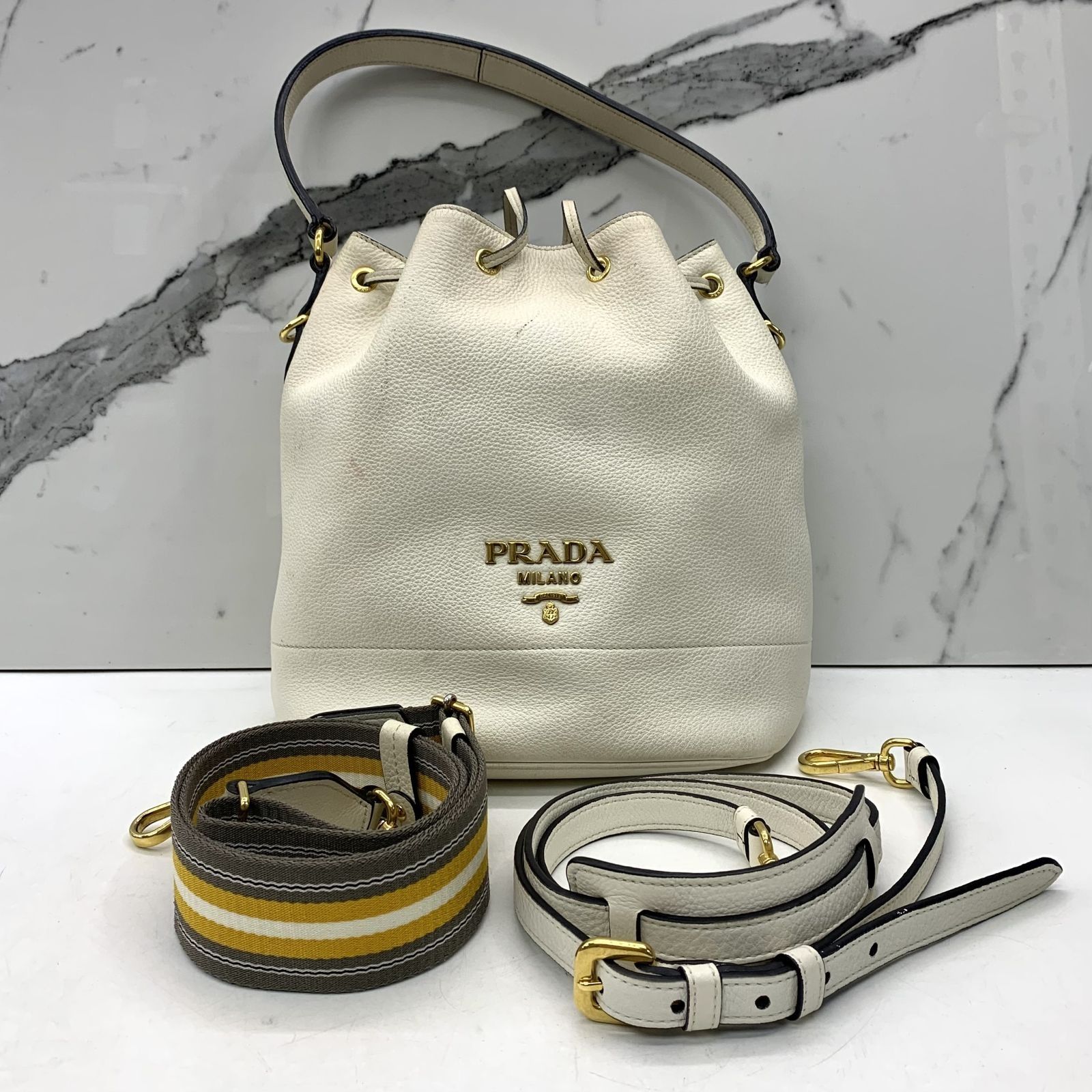 PRADA 1BE018 WHITE DAINO BUCKET HANDBAG 237042969 WE