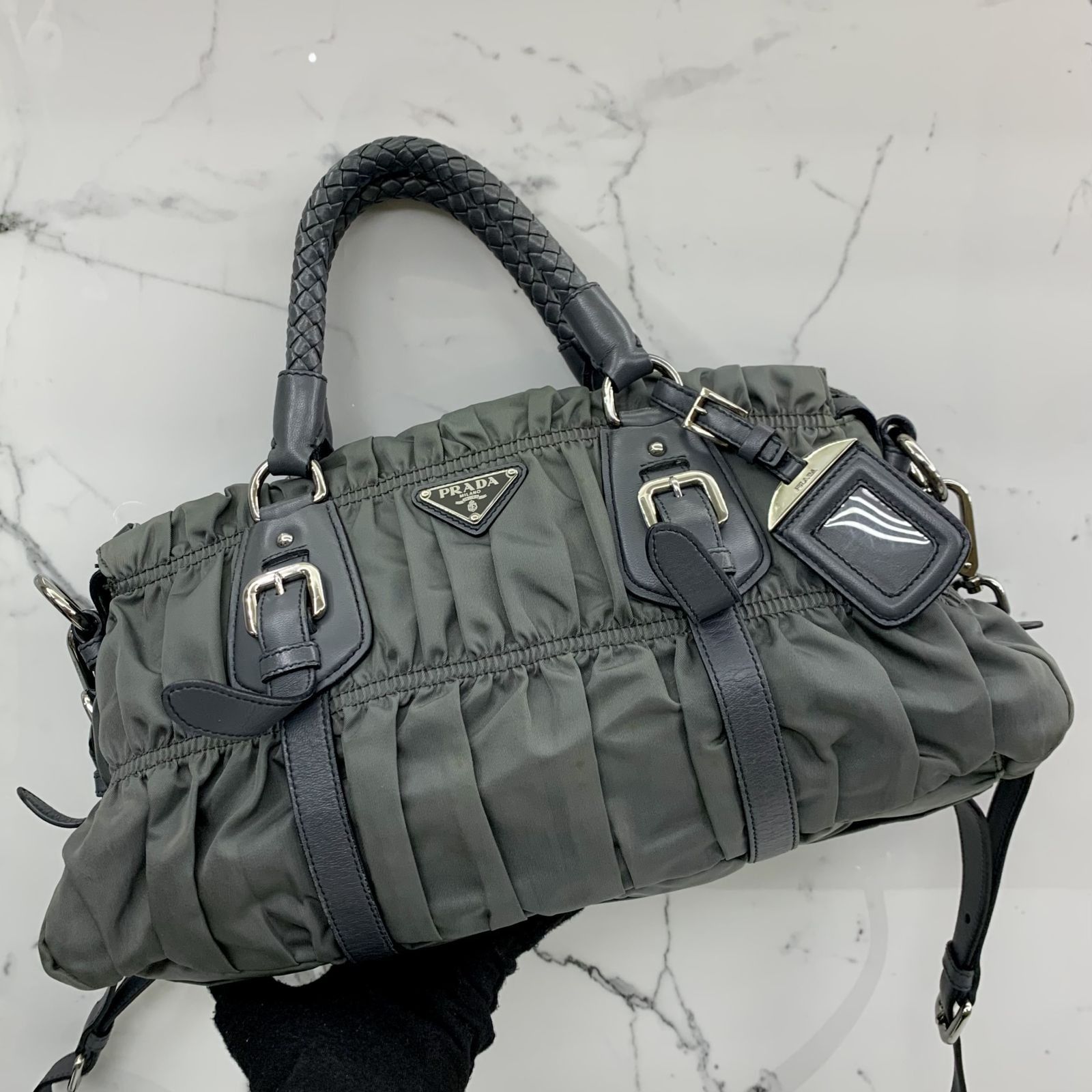 PRADA BN1407 GREY NYLON GATHER 2WAY SHOULDER BAG 237043934 WE