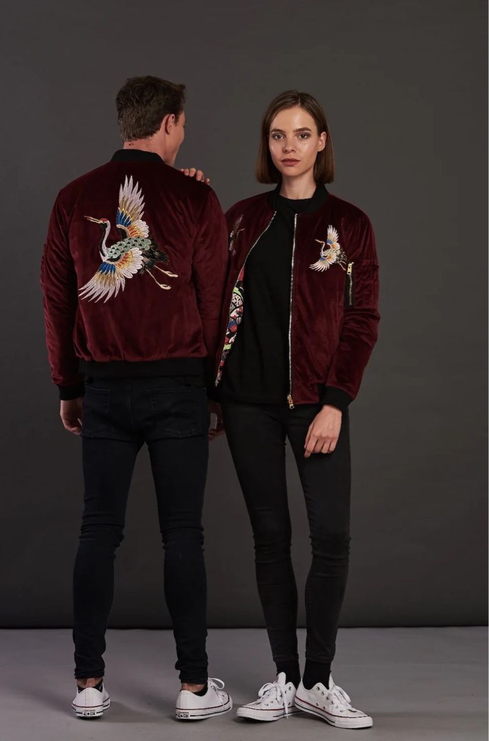 Reversible burgundy velvet crane bomber jacket UNISEX