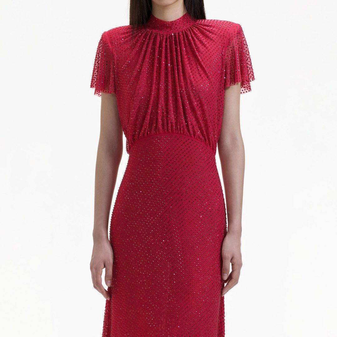 Self Portrait Red Rhinestone Mesh Midi Dress Women s Fashion