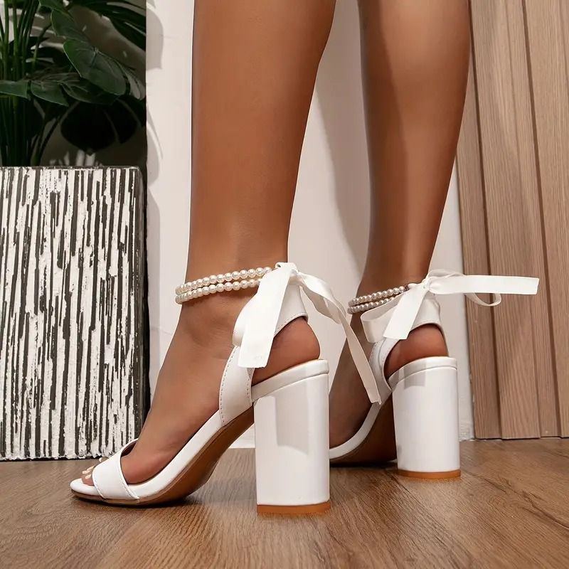 Temu Sandals Open Toe Ankle Faux Pearl Strap Lace Up Slingback