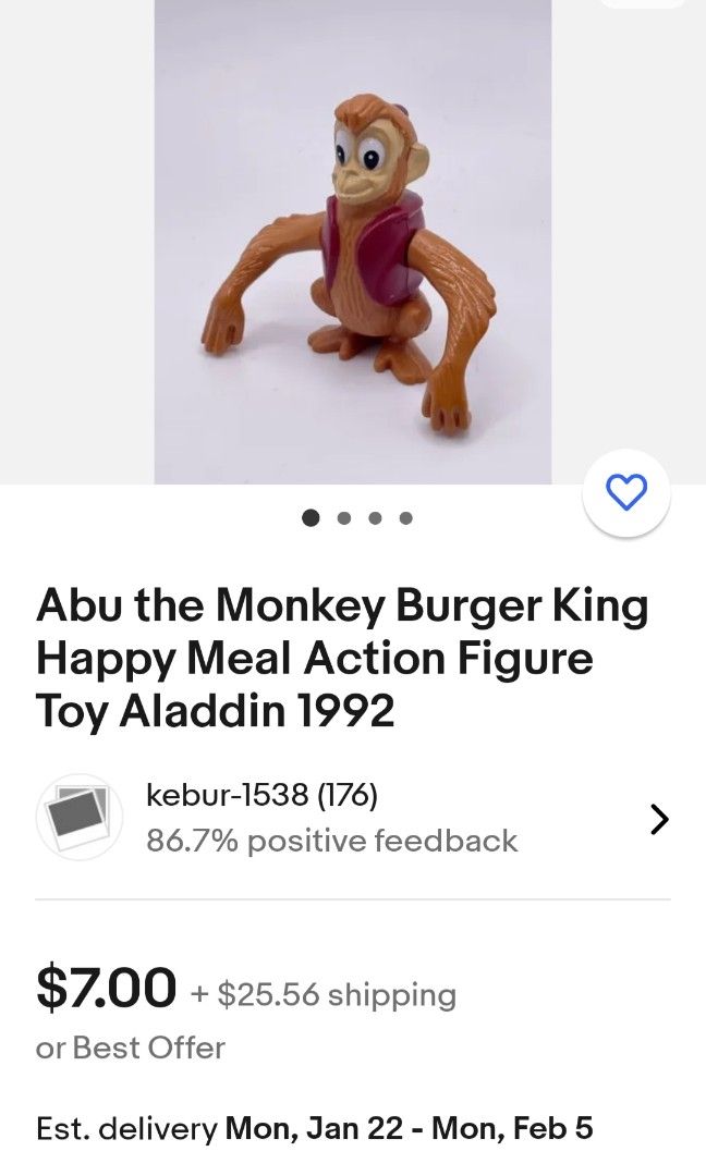 TOY ALADDIN 1992 ~ ABU THE MONKEY BURGER KING HAPPY MEAL ACTION FIGURE,  Hobbies & Toys, Toys & Games on Carousell