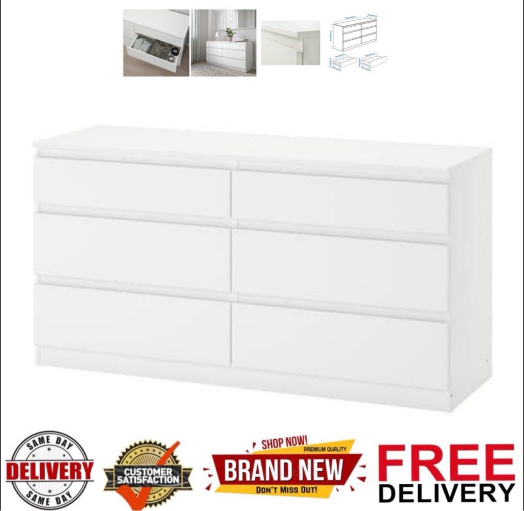 White drawer KULLEN Chest of 6 drawers White 140x72 Furniture