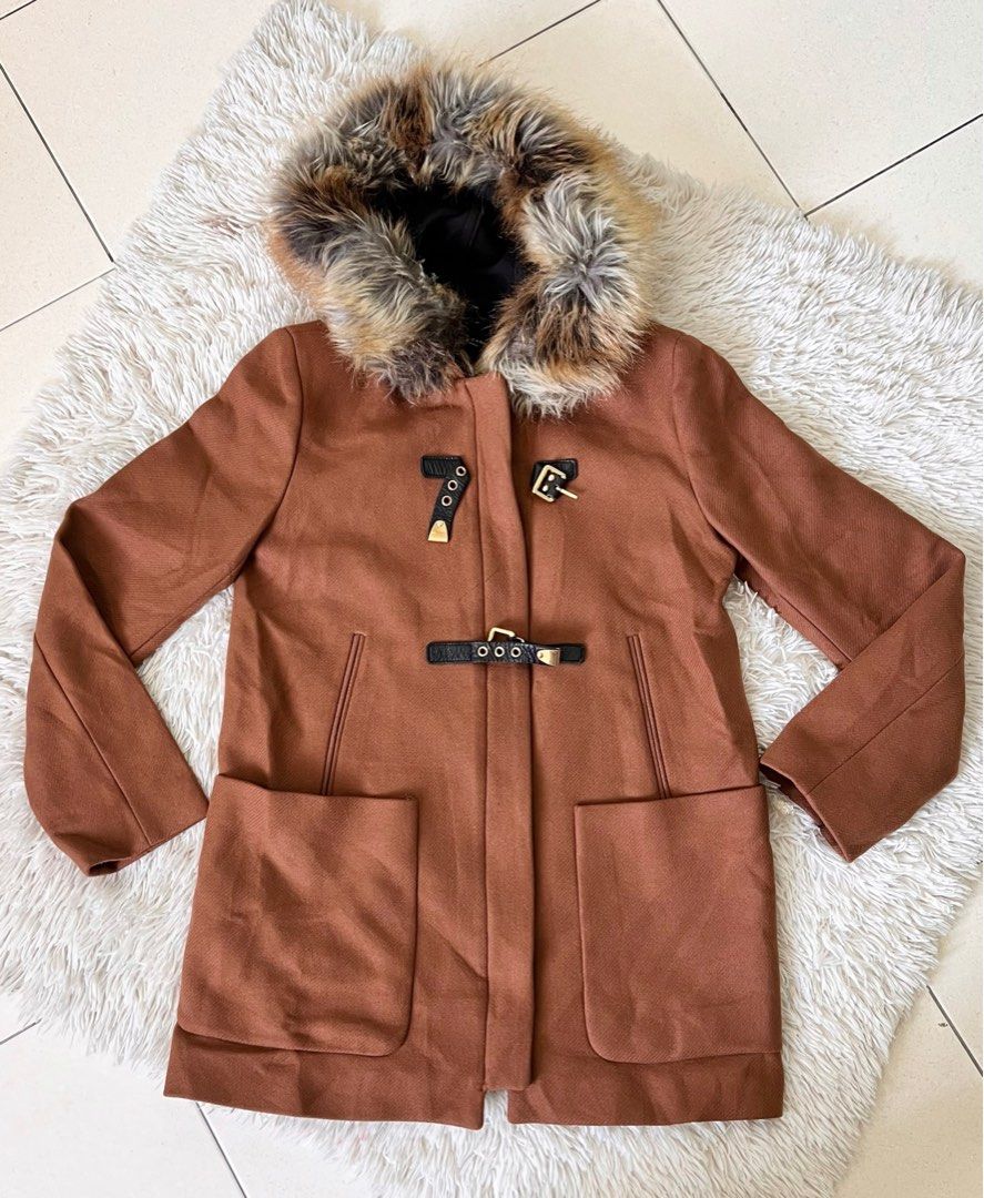 WOOL Winter Coat ZARA with Faux Fur Women s Fashion Coats