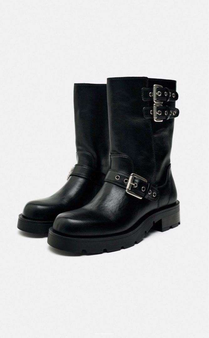 ZARA Flat Biker Ankle Boots with Buckle in Black, Women's Fashion