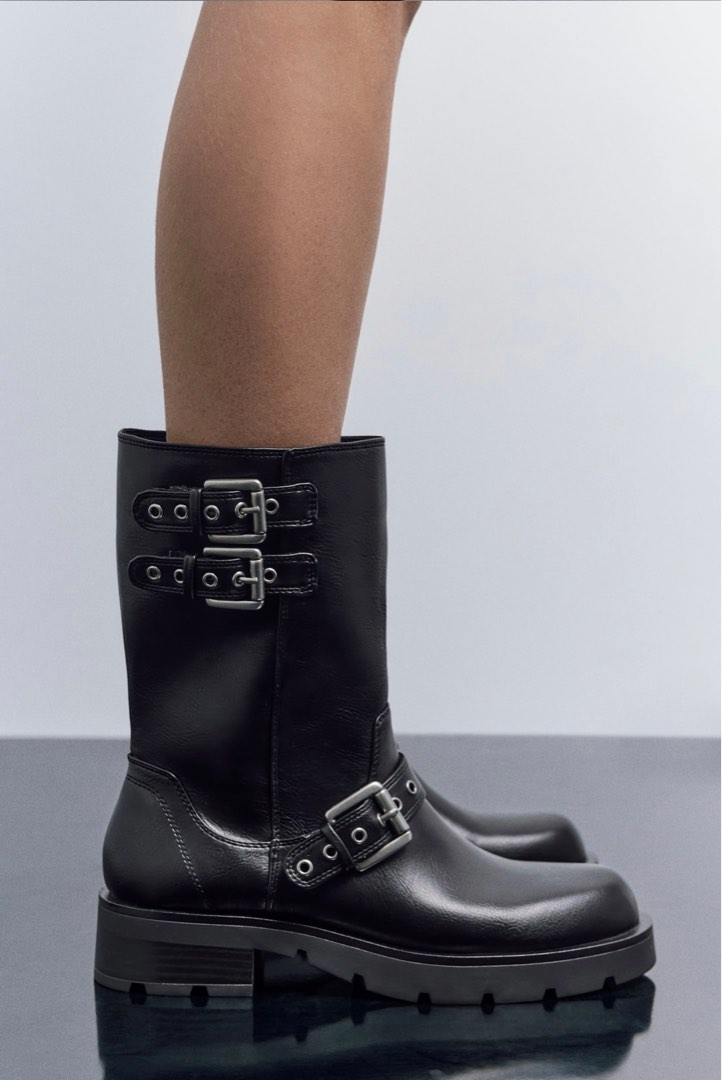 ZARA Flat Biker Ankle Boots with Buckle in Black Women s Fashion Footwear Boots on Carousell