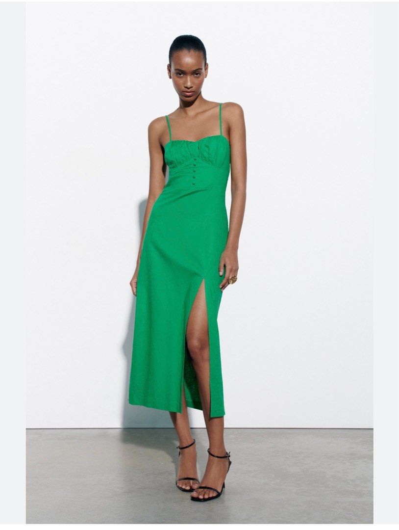 Green linen dress zara 2025