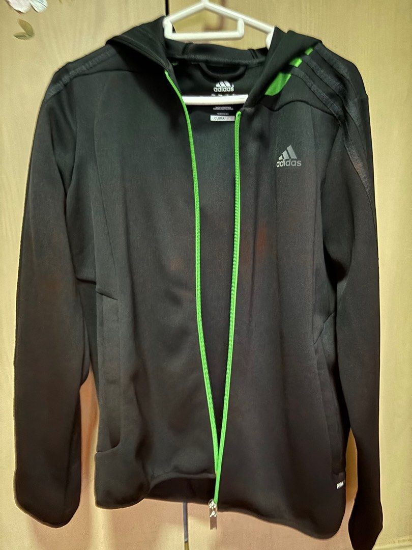 Adidas jacket black with green stripes sales