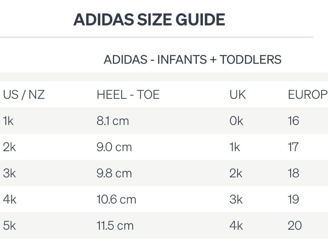 Adidas toddler shoe sale size chart cm