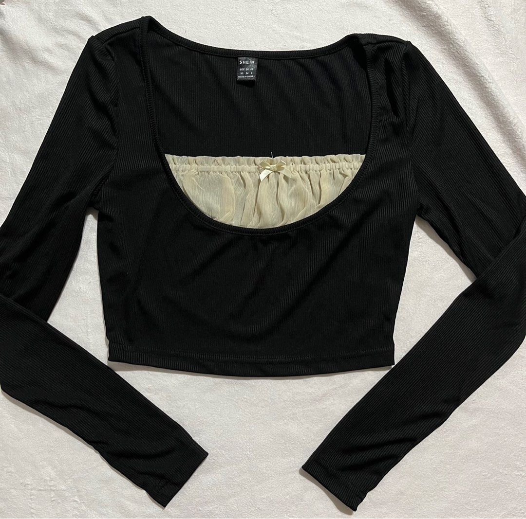 coquette milkmaid ruched black cream long sleeve CROP top with ribbon bow from shein