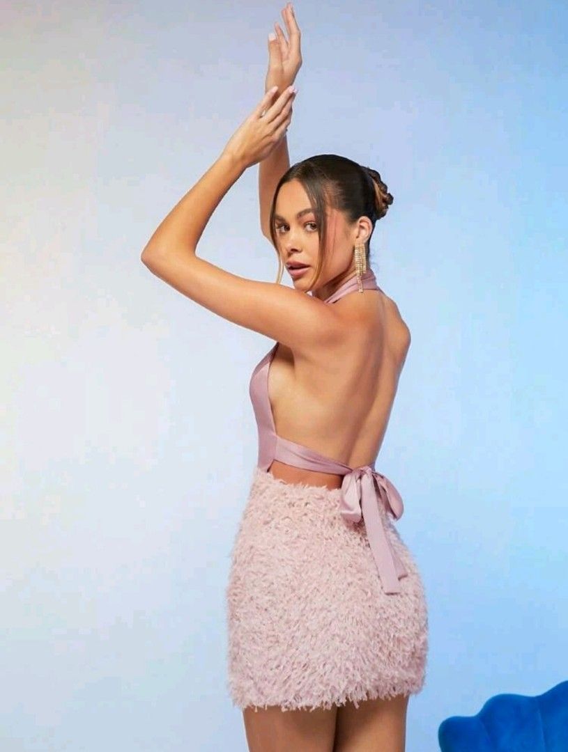 Furry backless pink halter dress Women s Fashion Dresses Sets Dresses on Carousell