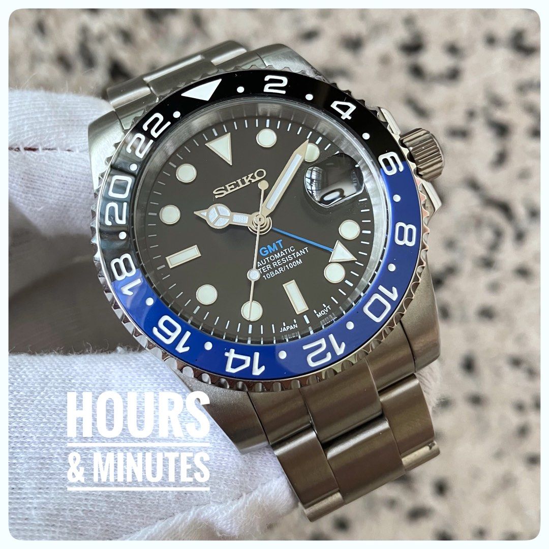 GMT Batman Black Blue automatic watch Seiko mod sub