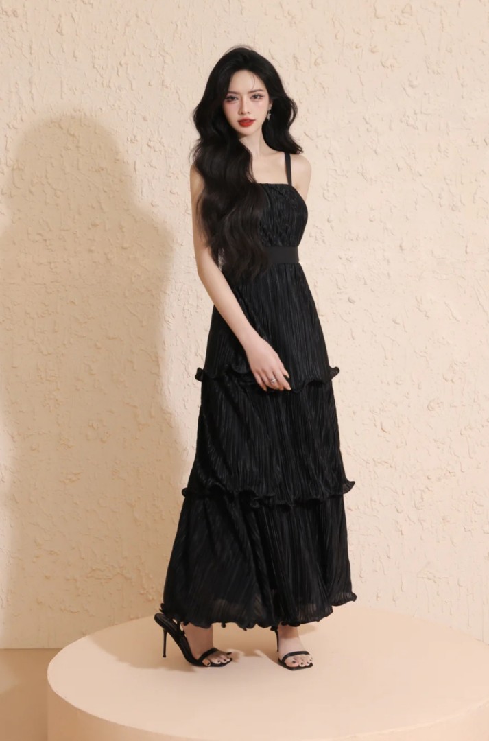Rouen Tiered Cami Dress in Black