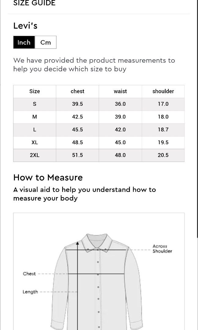 Levi's men's shirt size chart hot sale