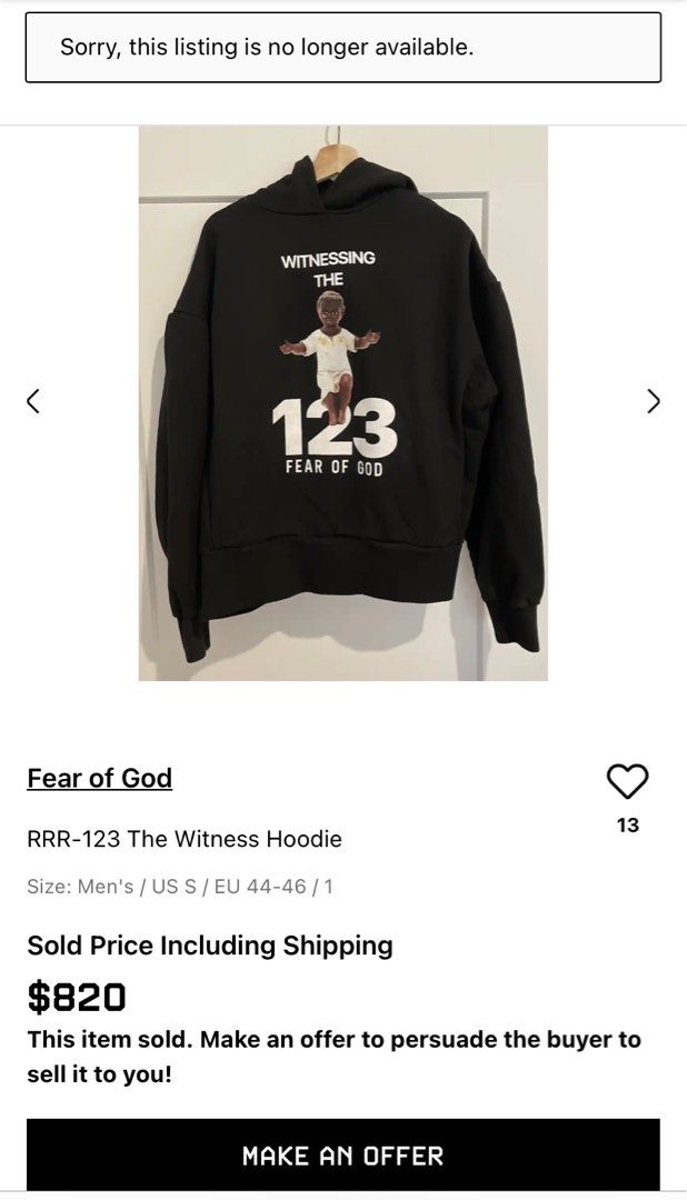 Rare Fear Of God fog x RRR 123 The Witness hoodie authentic