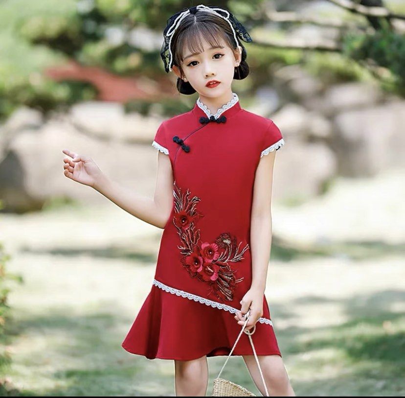130cm Kids Girl Red Cheongsam dress outfit costume CNY08