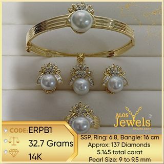14K Gold Earrings, Ring, Pendant and Bangle with Real Natural Diamonds and South Sea Pearl