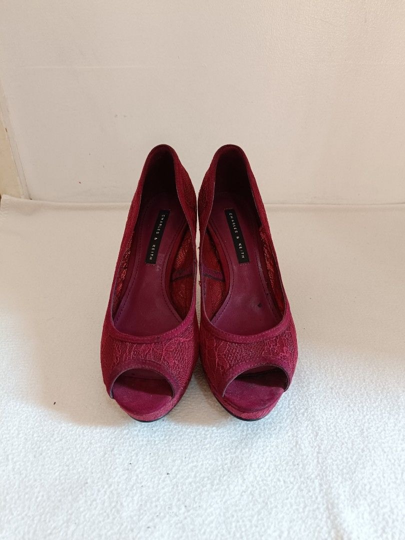 Charles Keith Lace Peep Toe Heels Maroon Women s Fashion Footwear Heels on Carousell