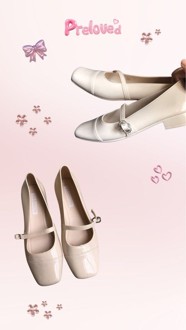 Cream Glossy Mid Low Heels Women s Fashion Footwear Heels on