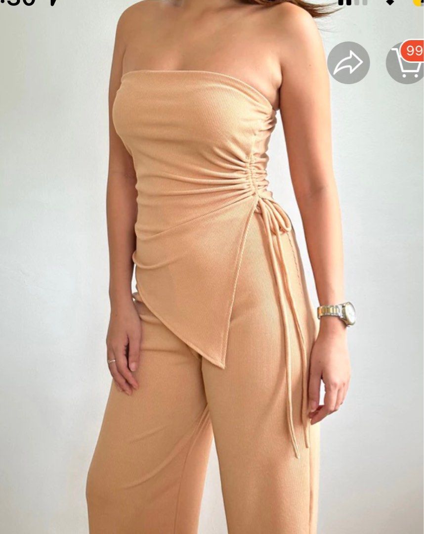 Dani beige asymmetrical wide leg coords (Category: Sets or Coordinates) located in Paranaque City. Submitted by mariegui (Listing ID 1274339908, Image 1). Description: Fits small to medium Bought for 329 on orange app Rfs the pants are a little loose on me.