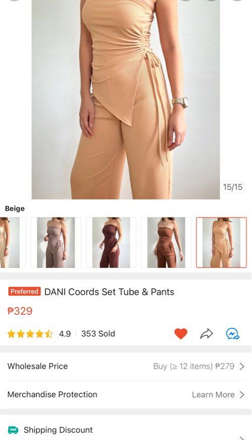 Dani beige asymmetrical wide leg coords (Category: Sets or Coordinates) located in Paranaque City. Submitted by mariegui (Listing ID 1274339908, Image 2). Description: Fits small to medium Bought for 329 on orange app Rfs the pants are a little loose on me.